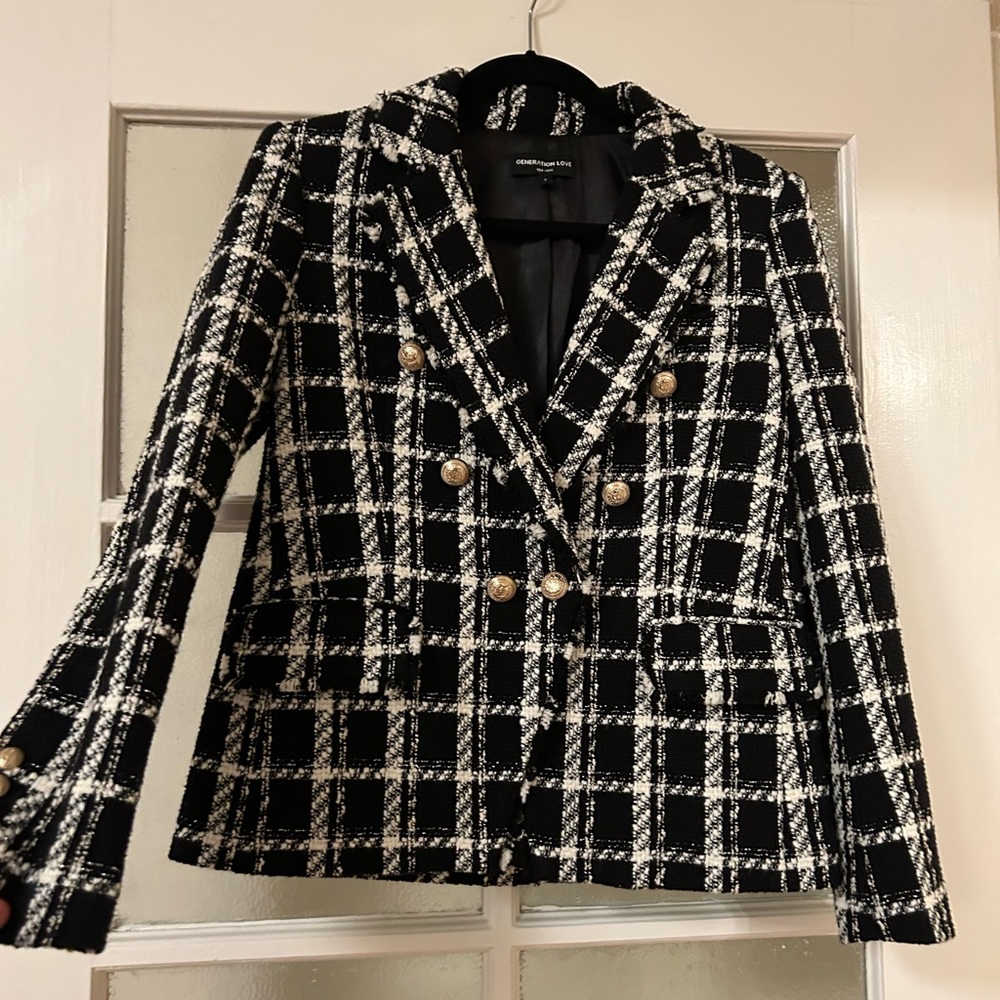 Generation Love Black + White Eliza Tweed Blazer, Gold Buttons